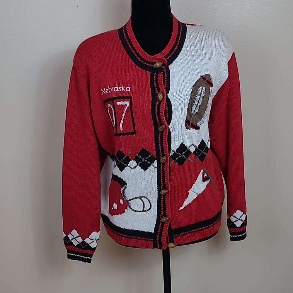 Christofer & Banks Vintage Nebraska Cornhusker Football Knit Cardigan Sweater L